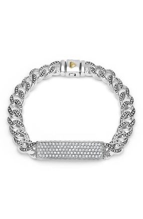 Lagos Mens Anthem Pav&eacute; Bar Curb Chain Bracelet in Silver at Nordstrom, Size 7