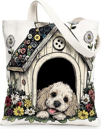 Generic Spring Cavachon Dog Canvas Tote Bag for Shopping 13x15, Fun Flower Puppy Kennel Reusable Grocery Print Pattern Bag for Women, Cute Pet Beach Aesthetic