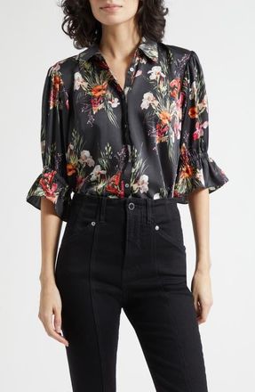 Cinq &agrave; Sept Fiona Iris Bouquet Button-Up Top in Black Multi at Nordstrom, Size Xx-Small