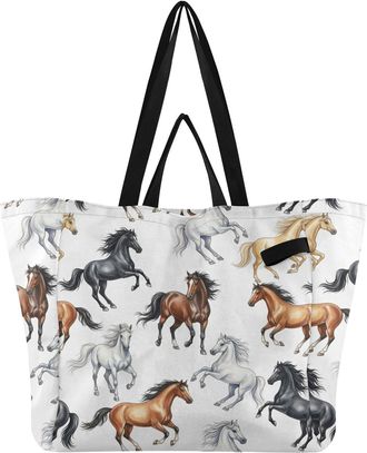 Generic White Brown Horse print Reusable Canvas Tote Bag, Heavy Duty Grocery Shopping Bag with Hard Bottom Double Handles Large Capacity Work Groceries Travel