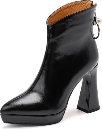 TinaCus Genuine Leather Handmade Back Zipper High Spool Heels with Platform Womens Pointed Toe Ankle Boots, Black, 1.5 UK