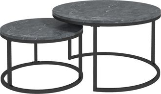 HOMCOM 2 Pcs Stacking Coffee Table Set Steel Frame Marble-Effect Top Foot Pads | TJ Hughes