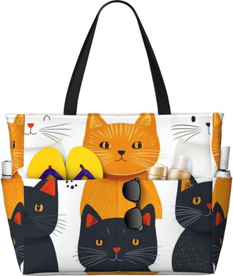 Generic Cute Cat Print Large Beach Bag Foldable Travel Shoulder Tote Bag With Pocket For Weekender Pool Vacation