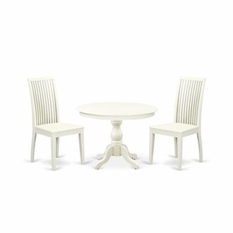 East West Furniture HBIP3-LWH-W 3 Piece Kitchen Table Set - Linen White Wood Dining Table and 2 Linen White Wooden Dining Chairs with Slatted Back - Linen White Finish