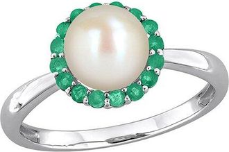 Rina Limor Silver 0.32 Ct. Tw. Lab-Grown Emerald & 7.0-7.5Mm Pearl Halo Ring