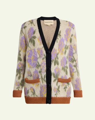 Valentino Garavani Floral-Print Mohair V-Neck Cardigan