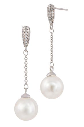 Savvy Cie Jewels RHODIUM PLATED CZ DROP FAUX PEARLS EARRING
