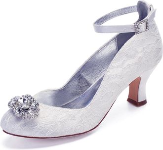 Generic Satin Wedding Shoes Womens Bridal Shoes Round Toe Lace Low Heels Prom Party Dress Shoes 6.5Cm,White,8 UK