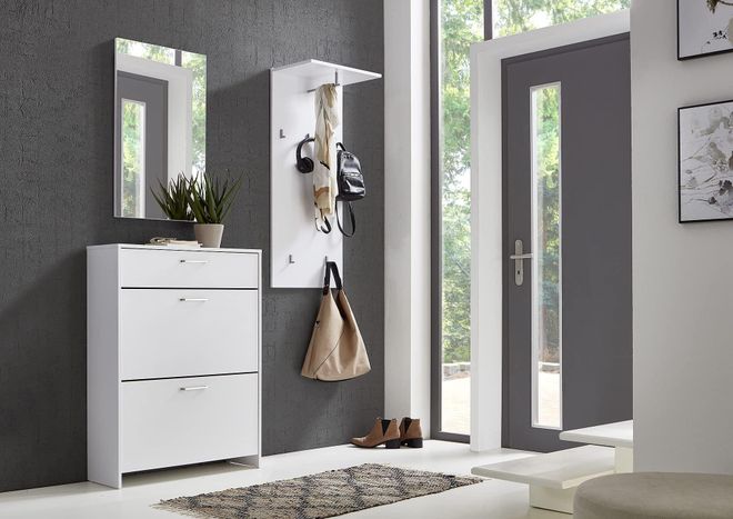 BMG Möbel Garderoben-Set Schuhkipper Mailand inkl. Spiegel, Wandpaneel mit hochwertigen Metallhaken, Fronten mit Metallgriffen in Hochglanz Weiß lackiert ab 219,90 €