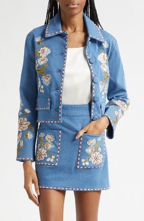 Veronica Beard Vikaria Floral Embroidery Stretch Cotton Jacket in Sea Glare at Nordstrom, Size 12