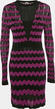 M Missoni Pink/black Chevron Pattern Knit Long Sleeve Dress