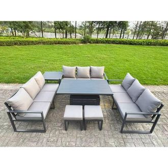 Fimous Aluminum U-Shaped 11-Seater Dining Set with Lifting Table, 2 Stools in Dark Grey