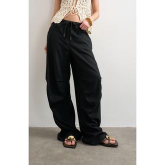 Topshop Wide Leg Linen & Cotton Utility Pants in Black at Nordstrom, Size 10 Us