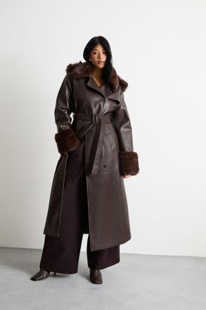Warehouse Womens PU Belted Faux Fur Collar Trench Coat - Chocolate - Size X-Small