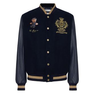 Philipp Plein Leren en wollen Varsity Bomber Teddy Doorman - Heren - Bomber jackets - Blauw - M - Wol - Jassen