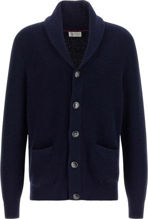 Brunello Cucinelli Sjaalkraagvest - Heren - Vesten - Blauw - L - Katoen - Truien & Vesten