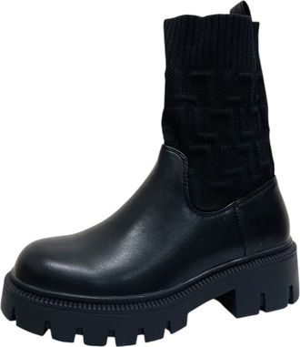 Generic Women Chunky Sole Faux Leather Knitted Comfy Walking Ankle Boots (Black, One Size, UK Footwear Size System, Adult, Women, Numeric, Medium, 6.5)