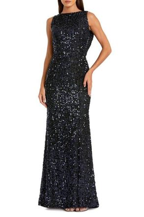 Mac Duggal Petite Sequin Sleeveless Draped Back Evening Gown in Midnight at Nordstrom, Size 14P