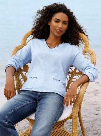 Heine Strickpullover HEINE Pullover, Damen, Gr. 34, eisblau, meliert, 50% Viskose, 28% Polyester, 22% Polyamid, meliert, unifarben, Pullover Strickpullover