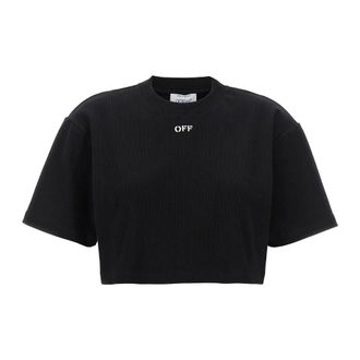 Off-white T-Shirts, female, Black, S, Off Stamp Ribbed Cropped T-Shirt