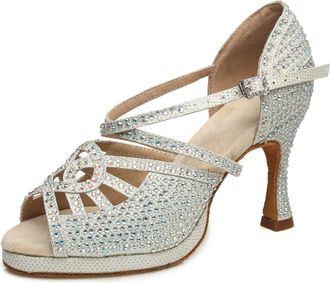 Minitoo Platform Dance Shoes for Women Crystals Beaded Wedding Sandals L458 Silver 9cm Heel UK 6.5