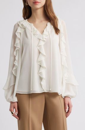 Kobi Halperin Ruffle Split Neck Chiffon Top in Ivory at Nordstrom, Size Small