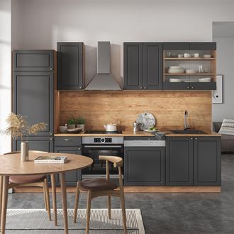 Vicco Mueble De Cocina Fame-line, Antracita Casa De Campo/roble Kraft Dorado, 300 Cm, Et Antracita