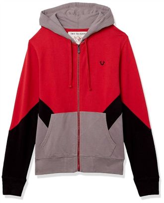 True Religion Mens Chevron Panel Long Sleeve Zip Up Hoodie In Charcoal/sapphire Blue/ruby Red