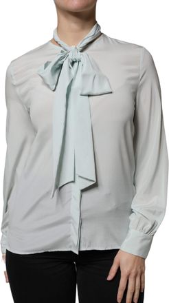 Ballantyne Light Blue Silk Ascot Collared Long Sleeves Womens Top (Pre-Owned)