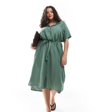 Vero Moda Curve shirt midi dress with tie belt in green