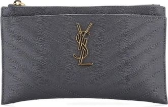 Saint Laurent Classic Monogram Zip Bill Matelasse Chevron Leather Medium pouch - Grigio