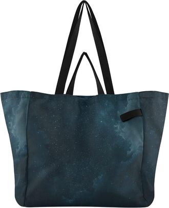 Generic Star Black Blue pattern Reusable Canvas Tote Bag, Heavy Duty Grocery Shopping Bag with Hard Bottom Double Handles Large Capacity Work Groceries Travel