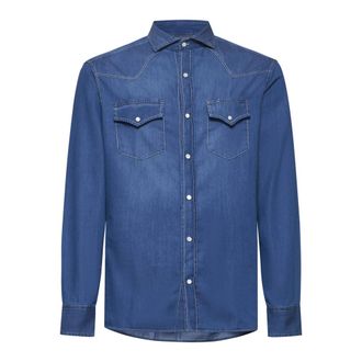 Brunello Cucinelli Blauwe denim overhemd met puntkraag - Heren - Spijkeroverhemden - Blauw - 2XL - Denim - Overhemden
