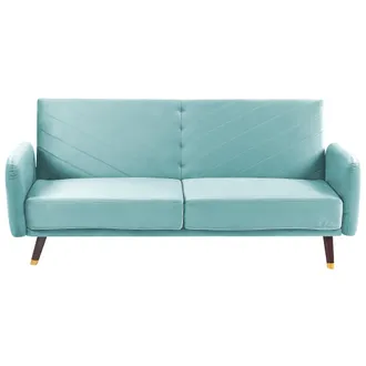 Beliani Sof&aacute; Cama 3 Plazas De Terciopelo Azul Claro Madera Oscura Reclinable Senja
