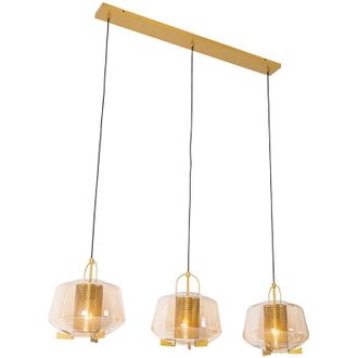 QAZQA Pendant Light Gold with Amber Glass 30 cm Oblong 3-Light - Kevin