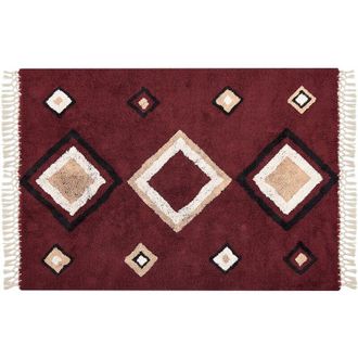 Beliani Beliani - Alfombra De Algod&oacute;n Rojo Beige Negro 140 X 200 Cm Patr&oacute;n Diamante Borlas Siirt