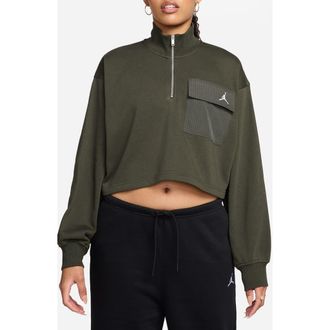 Nike Jordan Brooklyn Fleece Hike Crop Quarter Zip Top in Cargo Khaki/White at Nordstrom, Size Xx-Large