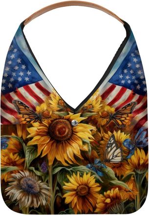 Generic Sunflowers Butterfly American Flag Painting Reusable Lightweight Grocery Bags - Foldable Into Compact Pouch, Washable & Sturdy, Multipurpose for Shopp