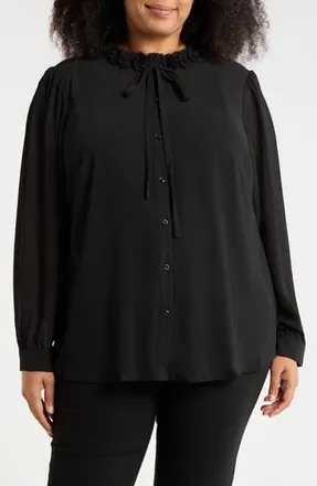 Adrianna Papell Flower Tie Neck Button-Up Shirt in Black at Nordstrom Rack, Size 1X