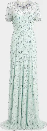Jenny Packham Ambiance Embellished Flutter-Sleeve Trumpet Gown