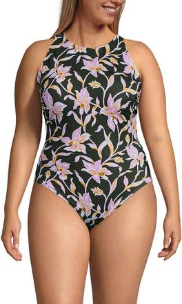 Lands End Plus Size Tugless High Neck Portrait Back One Piece Swimsuit in Tropic Floral/rich Olive at Nordstrom, Size 18W