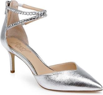 Badgley Mischka Emmi Ankle Strap Pointed Toe Pump in Silver Textile at Nordstrom, Size 8.5