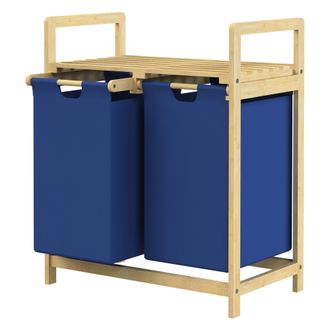 ML Design Ml-design Cesto Para La Colada De Bamb&uacute; Azul Oscuro Caja Para La Ropa Sucia Con 2 Compartimentos Recogedor Con 2 Bolsas Extensibles 60 L Cubo Con Esta