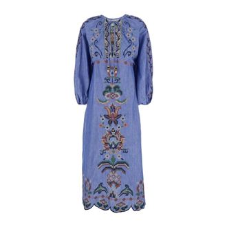 Farm Rio FARM Rio, Midi Dresses, female, Blue, Size: XS Round Neck Knot-Closure Midi Dress