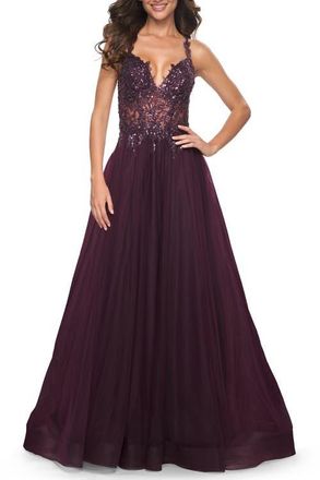 La Femme Tulle A-Line Gown with Sheer and Beaded Lace Detail in Dark Berry at Nordstrom, Size 10