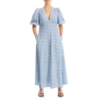 Max Studio Bubble Sleeve Maxi Dress in Cream/Blue Daisy Stamp at Nordstrom Rack, Size X-Large