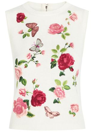 Alice & Olivia Reva Floral-embroidered Knit top - White - S (UK8-10 / S)