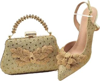 Generic Womens Luxury Shoes and Bag Set Rhinestones Flowers Decoration Pointed Toe High Heel Shoes for Wedding Party