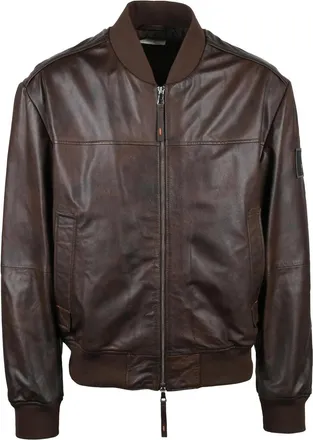 Dekker Brown Leather Jacket With Zip Closure And Ribbed Accents