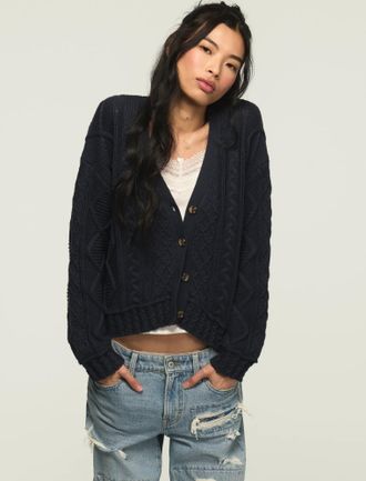 Lucky Brand Womens Boxy Cable Cardigan
